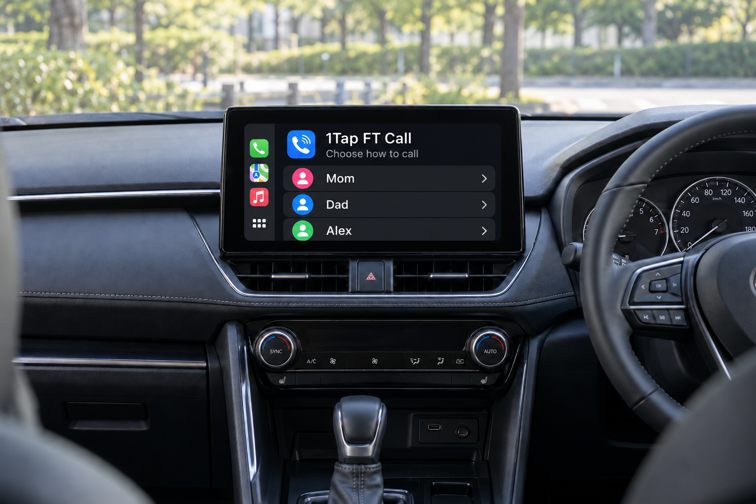 1Tap FT Call contact list displayed on a car dashboard