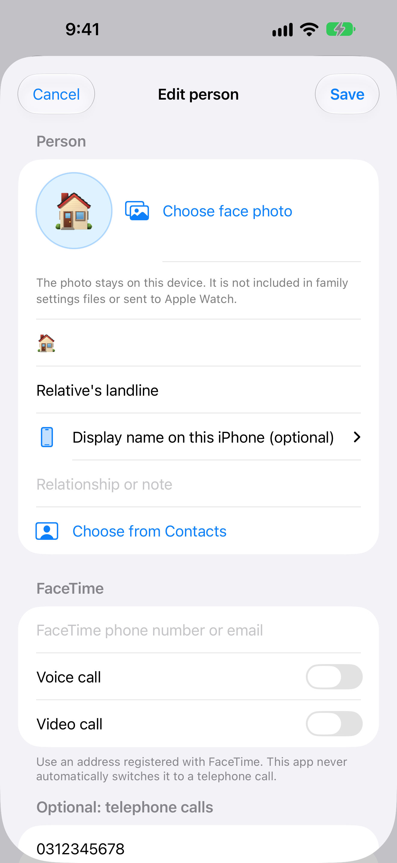 Contact setup screen with the option to choose from iPhone Contacts